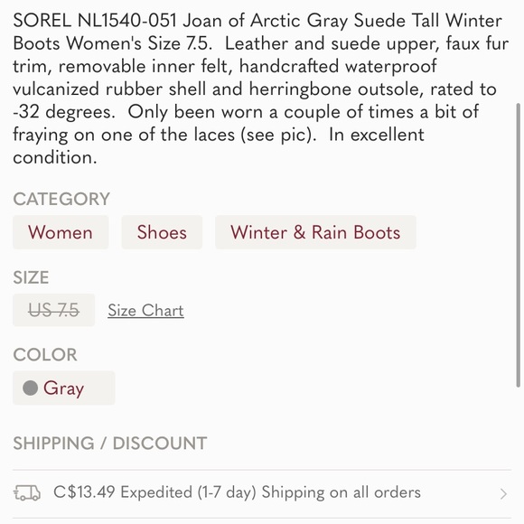 SOREL JOAN OF ARCTIC SUEDE WINTER BOOTS Size 7.5 - Picture 7 of 7